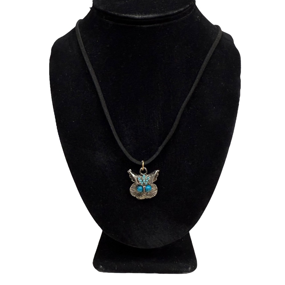 Owl Pendant Necklace Turquoise Accent Silver Tone Boho Fashion Jewelry 13.5 in